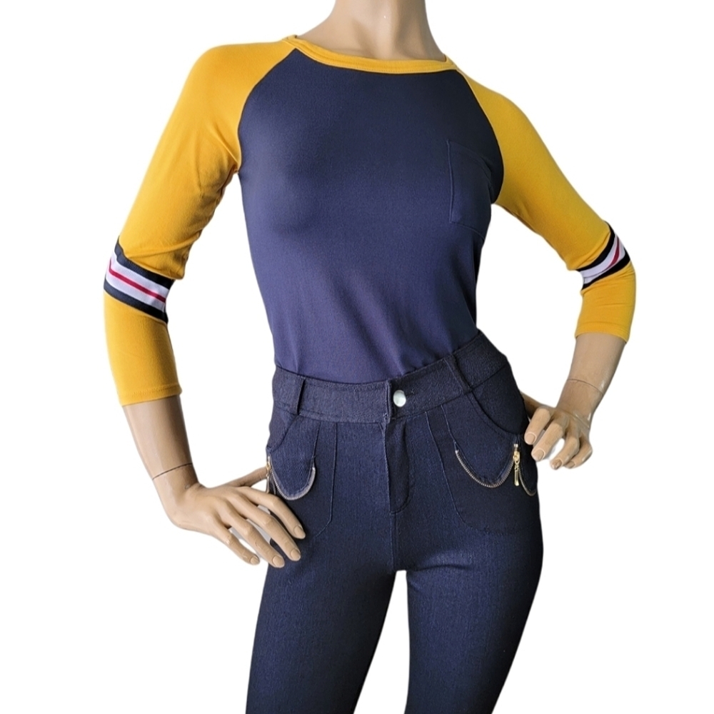 Glitz Navy & Yellow Raglan Long Sleeve Top With Contrast Stripes
